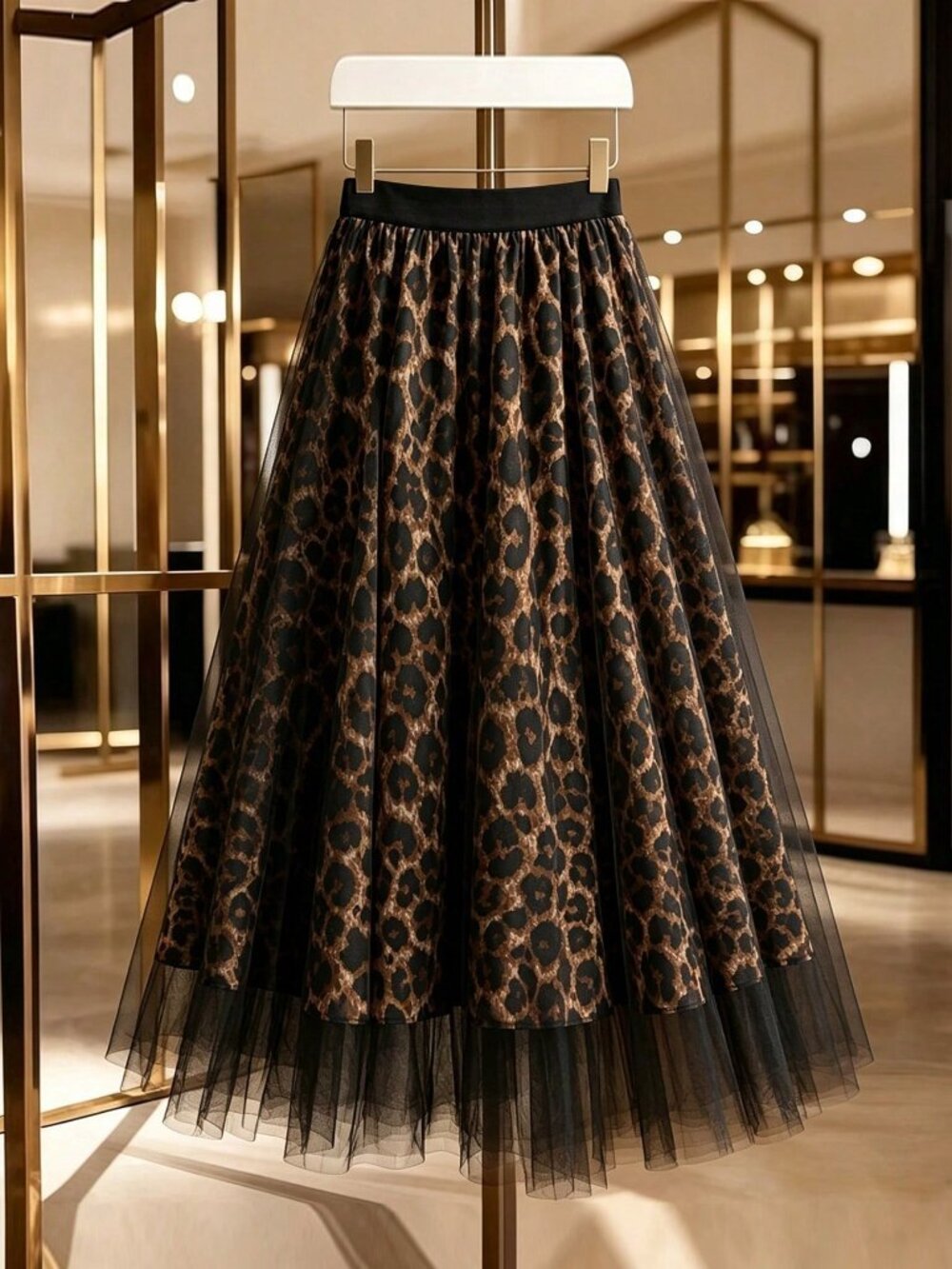 Black Elegant Women's Sexy Leopard Print Mid Rise Flared Maxi Skirt